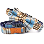 Blue plaid classy bow tie dog collar and leash