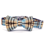 front view of Blue plaid classy bow tie dog collar