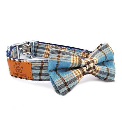 Blue plaid classy bow tie dog collar
